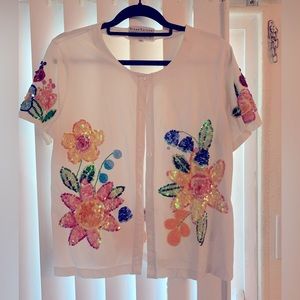 Short Sleeve Button Down Sequin Blouse Beautiful Accessory White Background